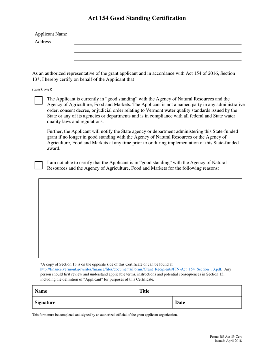 Form B5 Act 154 Good Standing Certification - Vermont, Page 1