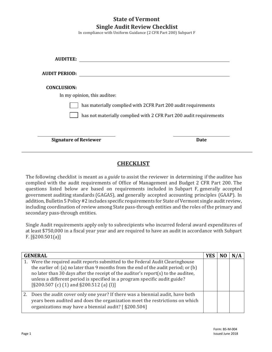 Form B5-M-004 Single Audit Review Checklist - Vermont, Page 1