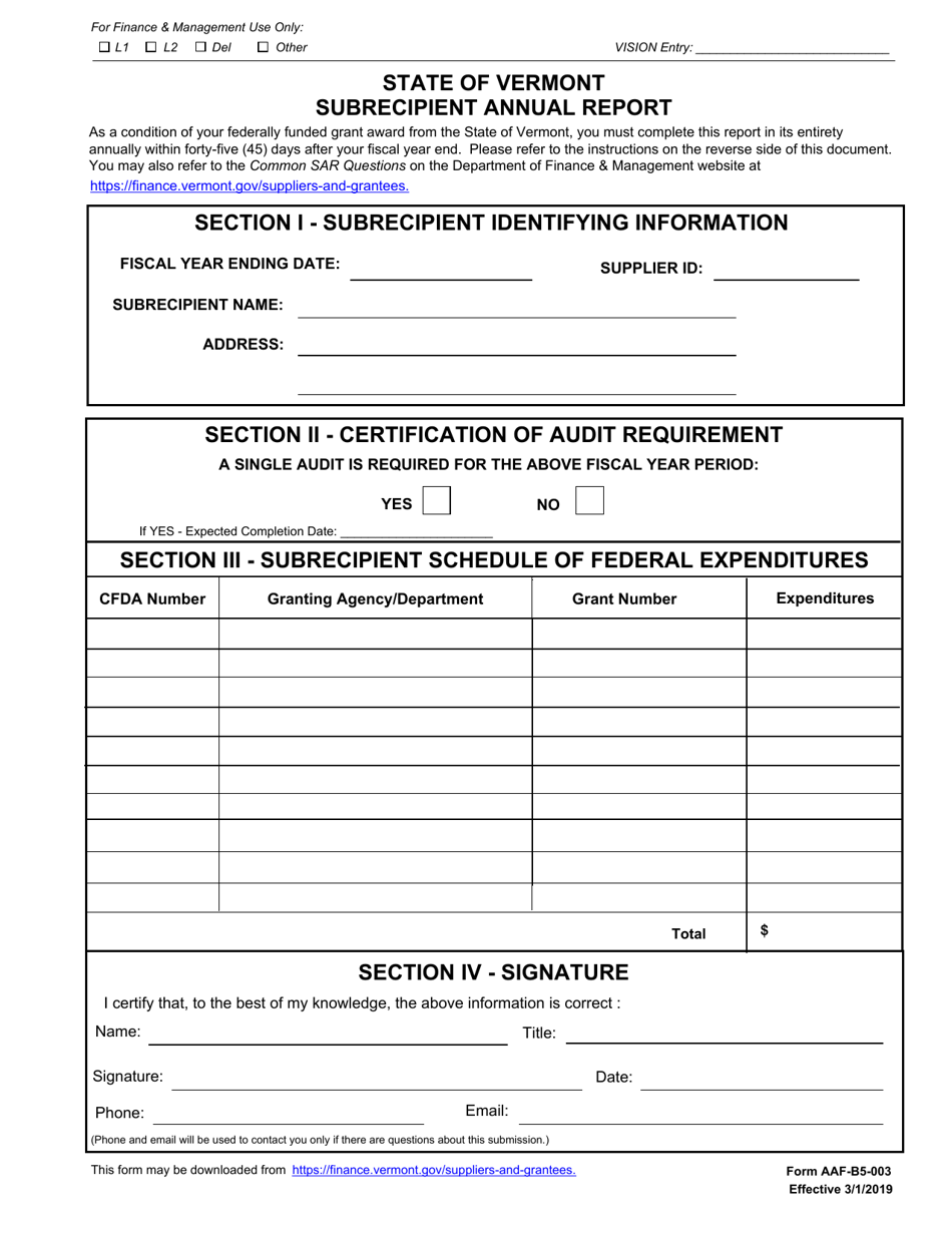 Form AAF-B5-003 Subrecipient Annual Report - Vermont, Page 1