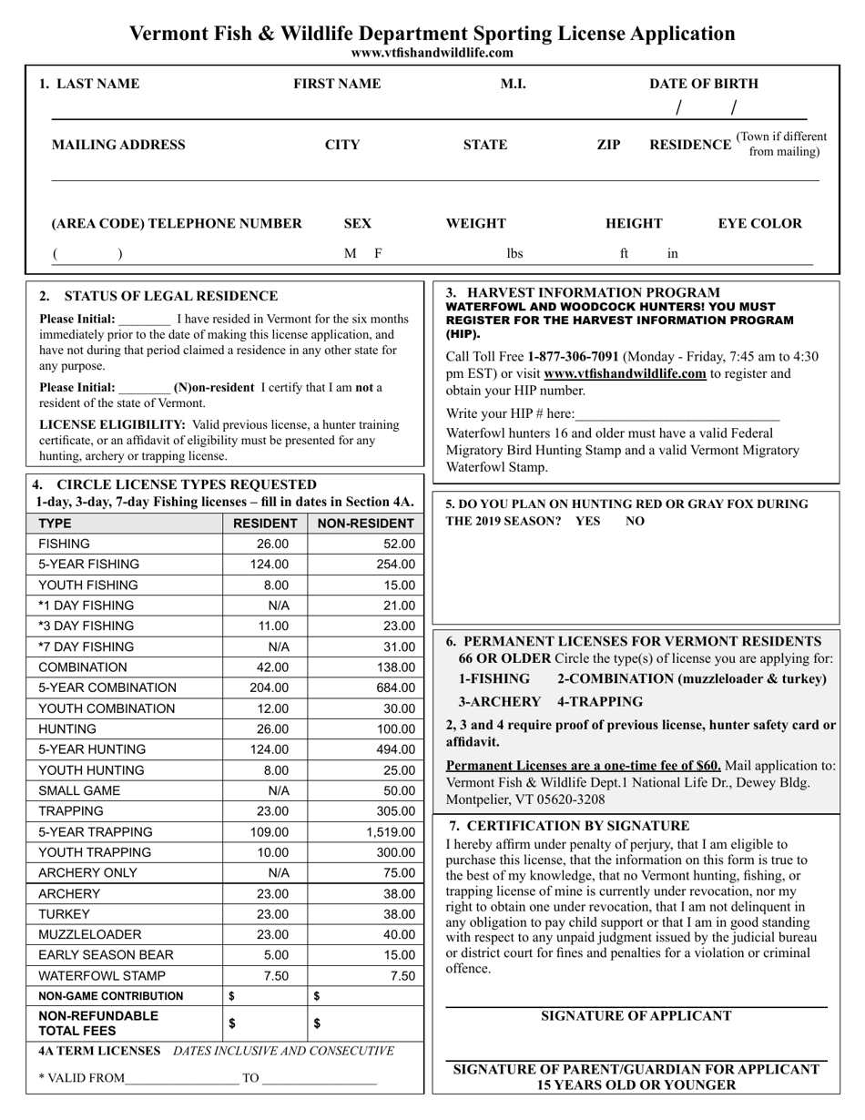 Vermont Sporting License Application Form Fill Out, Sign Online and