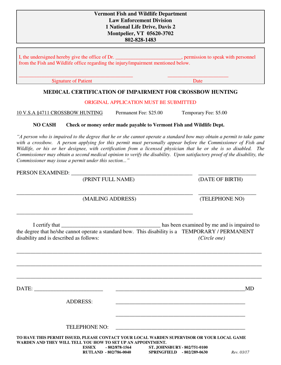 Medical Certification of Impairment for Crossbow Hunting - Vermont, Page 1