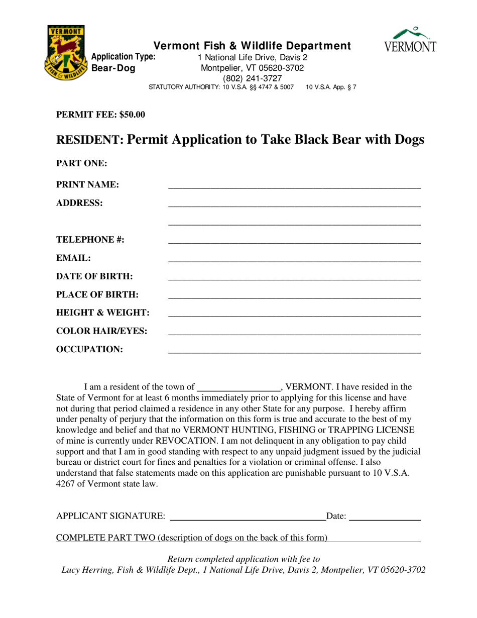 Resident: Permit Application to Take Black Bear With Dogs - Vermont, Page 1