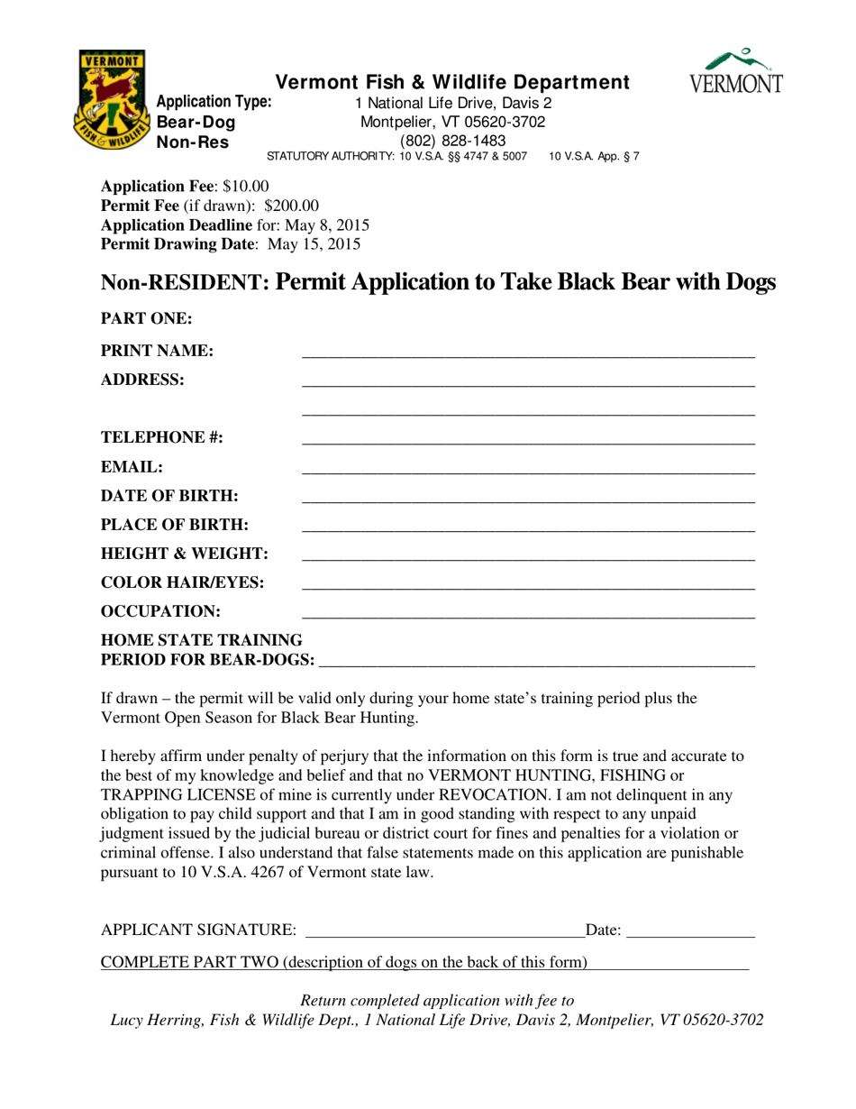 Vermont Nonresident Permit Application to Take Black Bear With Dogs