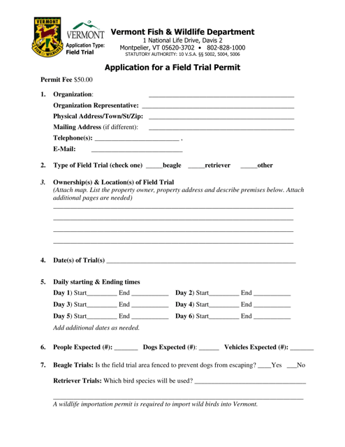 Application for a Field Trial Permit - Vermont