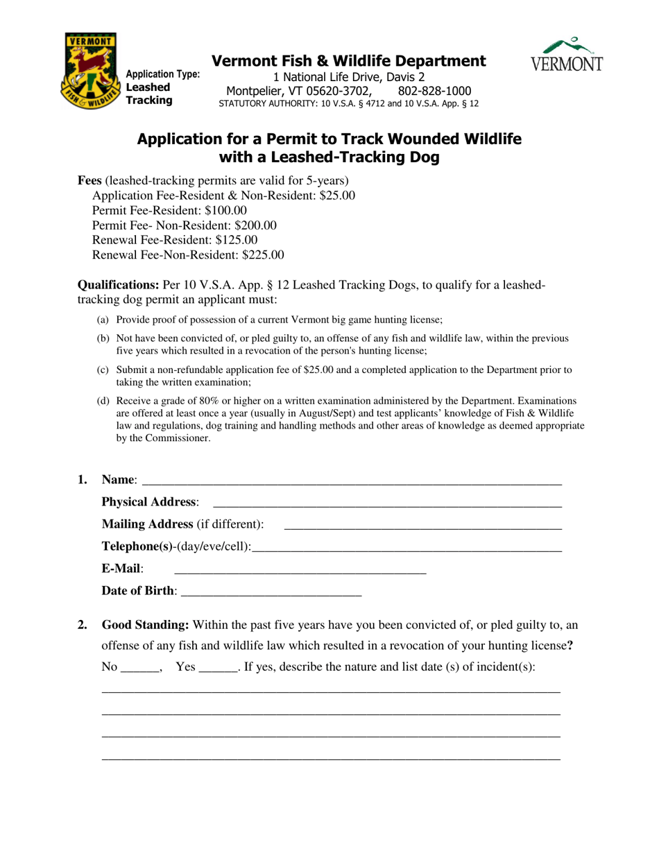 Application for a Permit to Track Wounded Wildlife With a Leashed-Tracking Dog - Vermont, Page 1