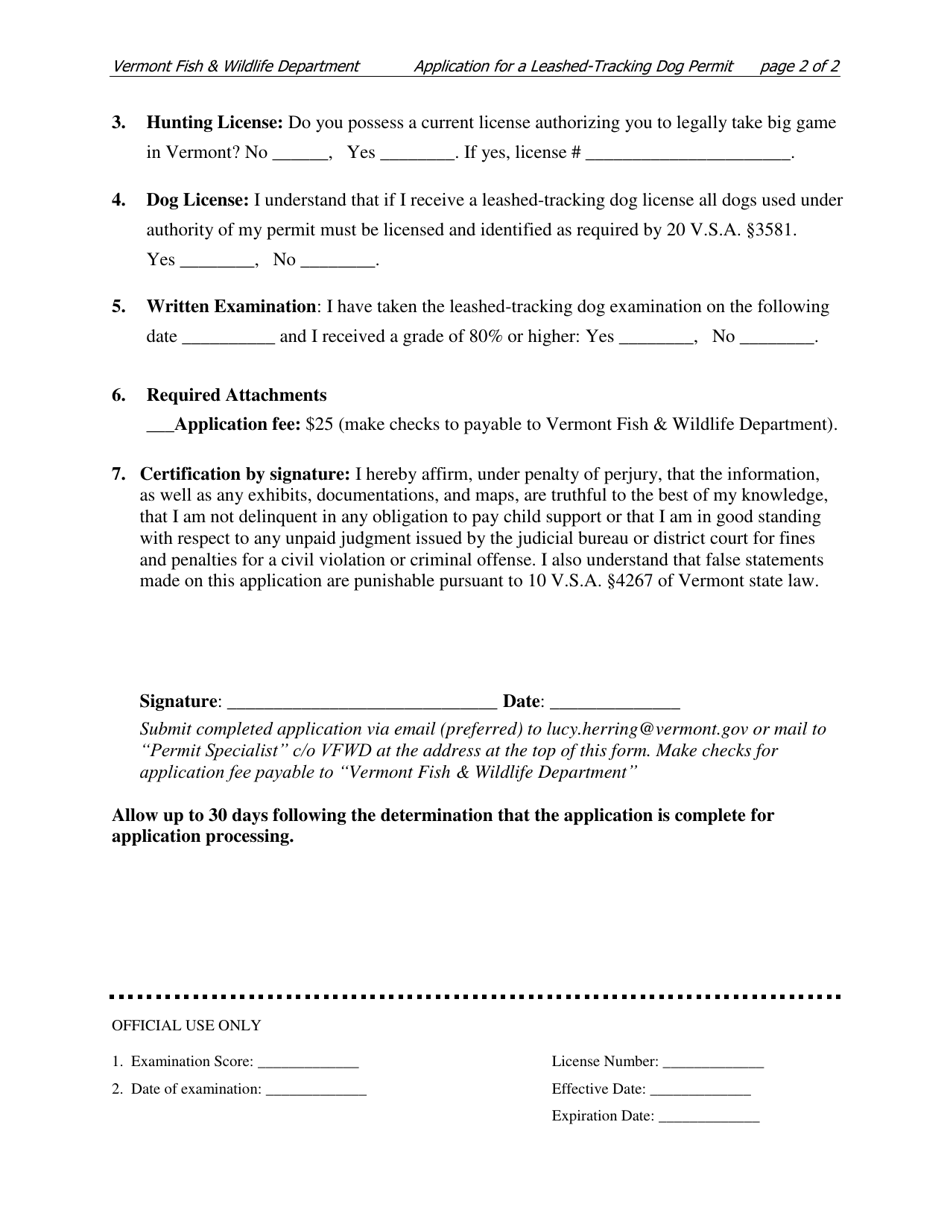 Application for a Permit to Track Wounded Wildlife With a Leashed-Tracking Dog - Vermont, Page 2