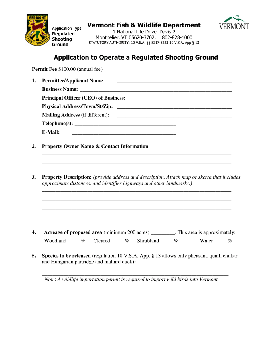 Application to Operate a Regulated Shooting Ground - Vermont, Page 1