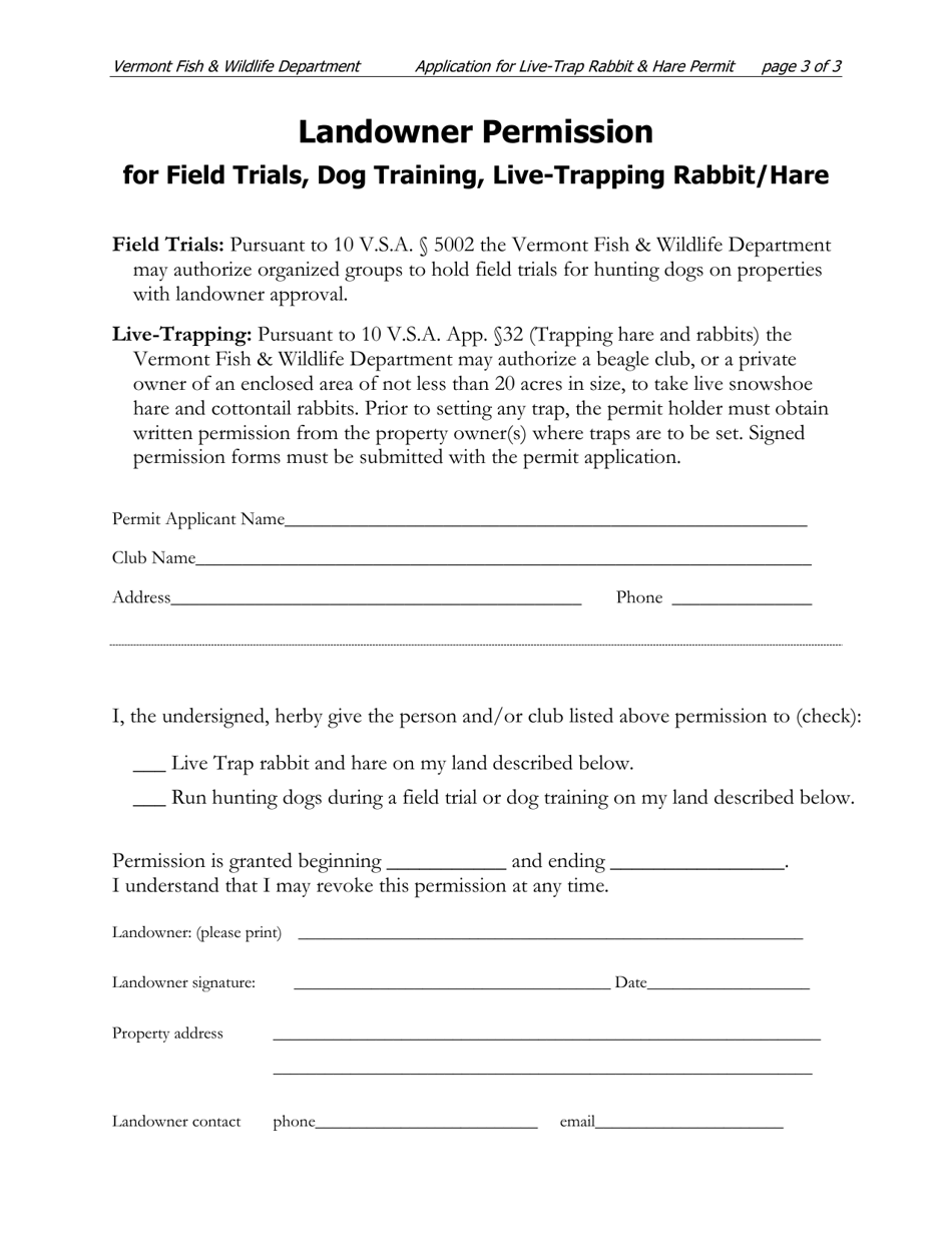 Application to Live-Trap Rabbits  Hare - Vermont, Page 3