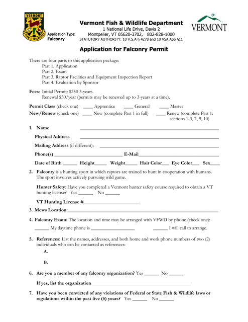 Application for Falconry Permit - Vermont