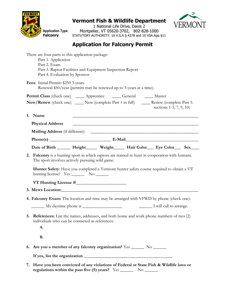 Application for Falconry Permit - Vermont, Page 1