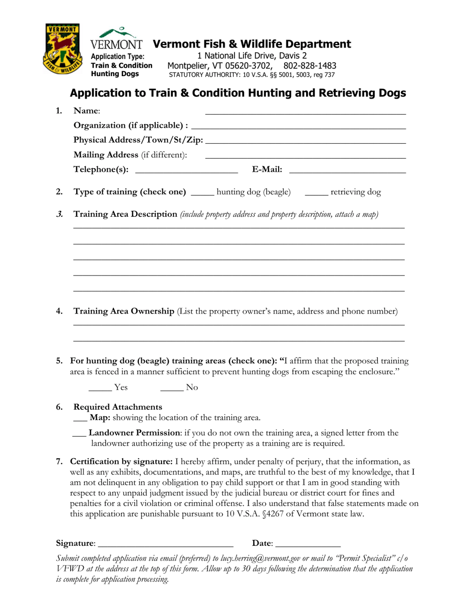 Application to Train  Condition Hunting and Retrieving Dogs - Vermont, Page 1