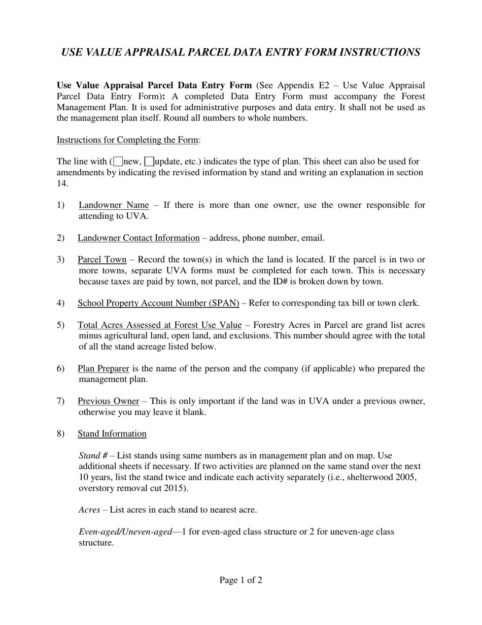 Instructions for Use Value Appraisal Parcel Data Entry Form - Vermont, Page 1