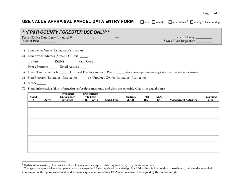 Use Value Appraisal Parcel Data Entry Form - Vermont Download Pdf