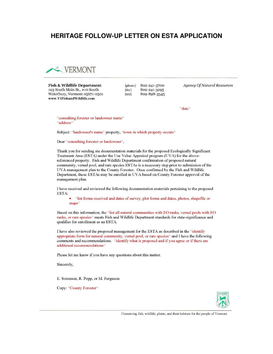 Heritage Follow-Up Letter on Esta Application - Vermont, Page 1