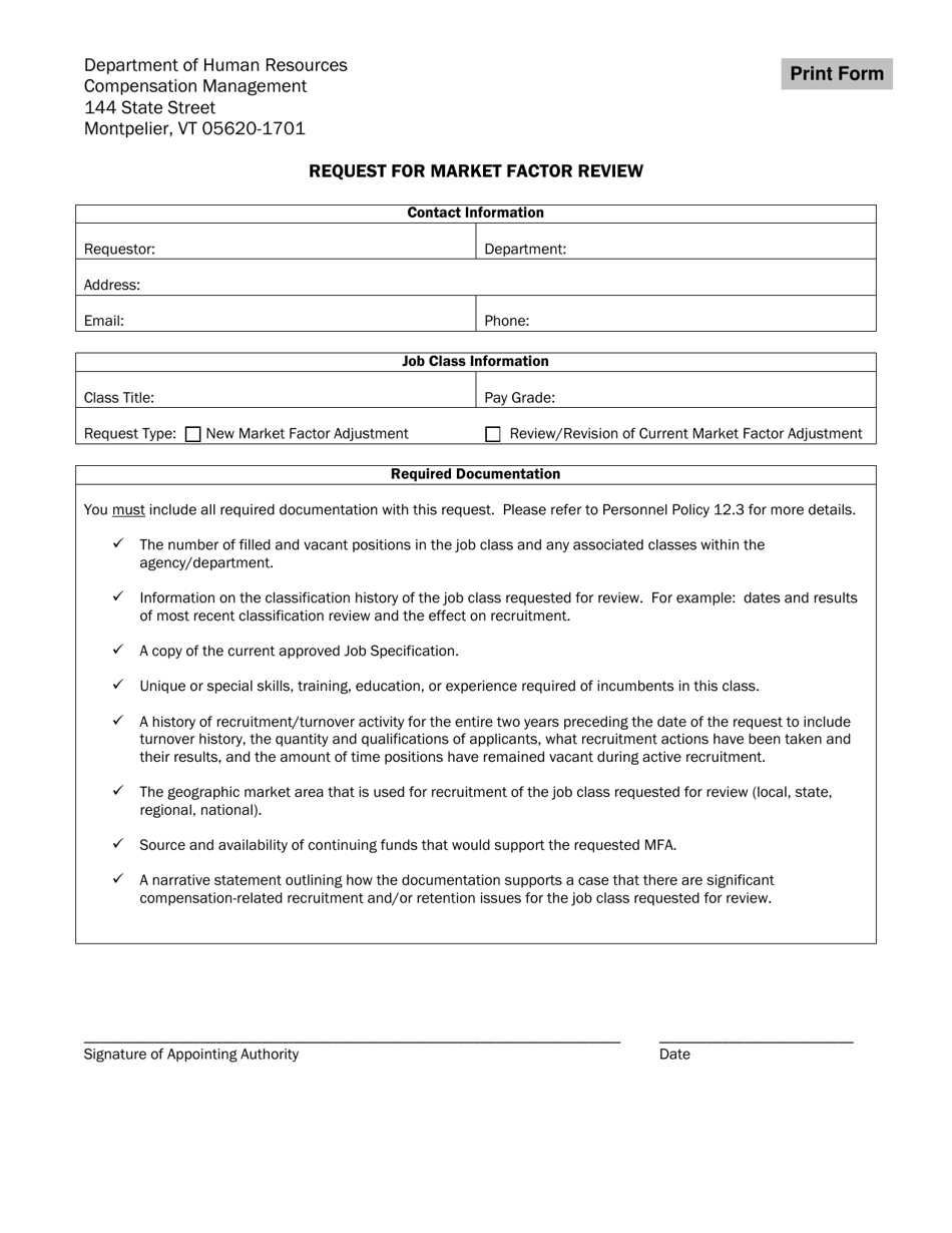 Request for Market Factor Review - Vermont, Page 1