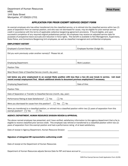 Application for Prior Exempt Service Credit Form - Vermont Download Pdf