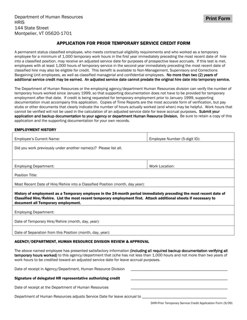 Application for Prior Temporary Service Credit Form - Vermont Download Pdf
