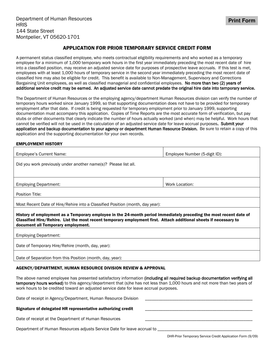Application for Prior Temporary Service Credit Form - Vermont, Page 1