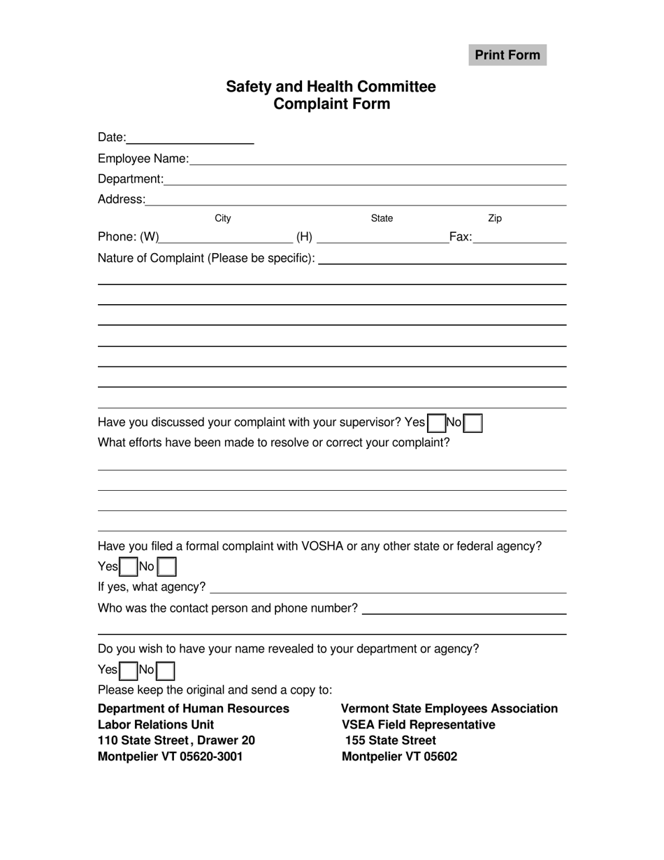 Safety and Health Committee Complaint Form - Vermont, Page 1