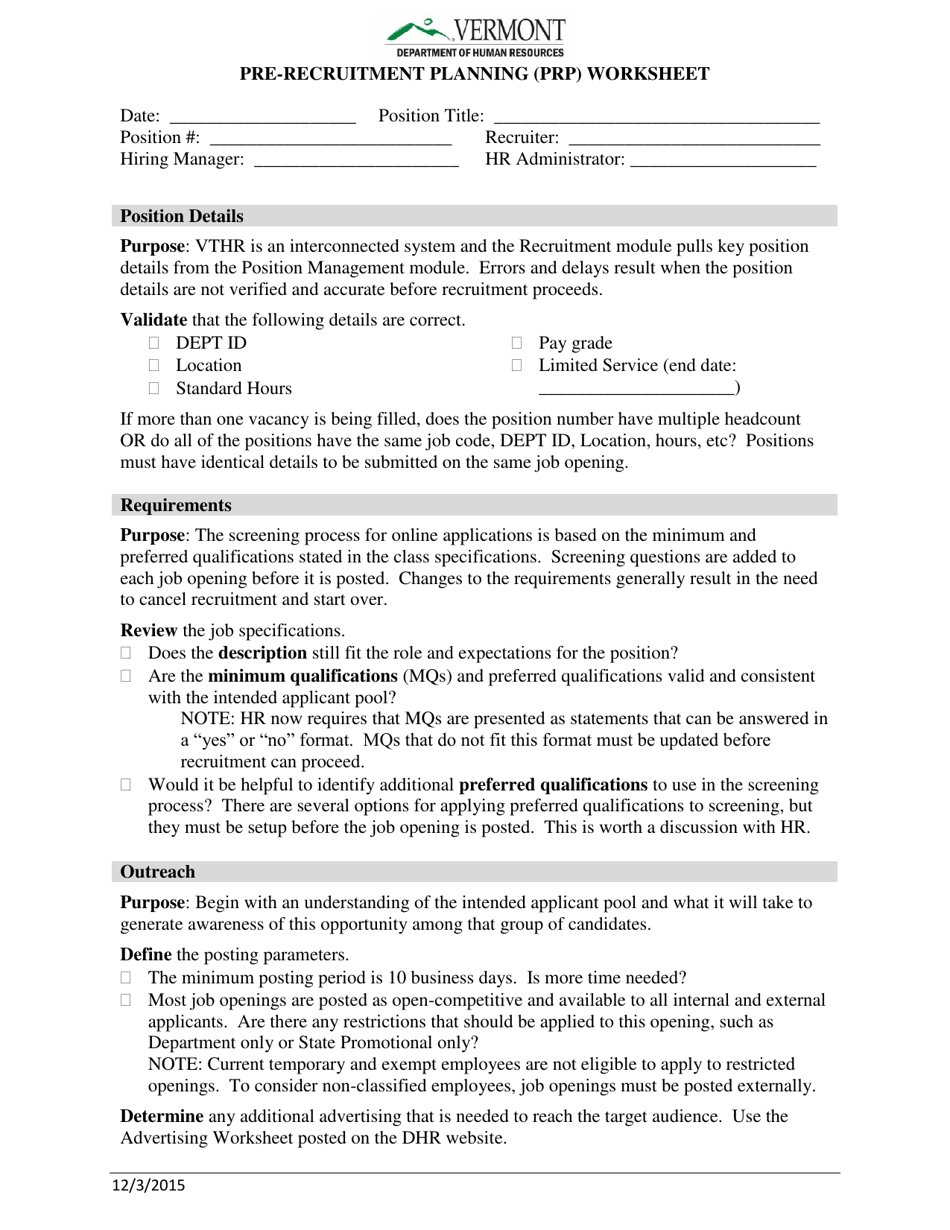 Pre-recruitment Planning (PRP) Worksheet - Vermont, Page 1