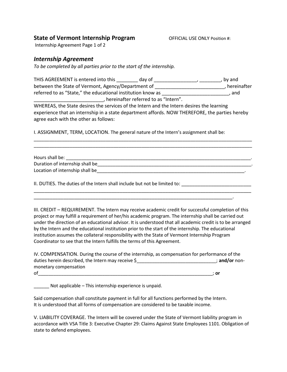 Vermont Internship Agreement Download Printable PDF | Templateroller