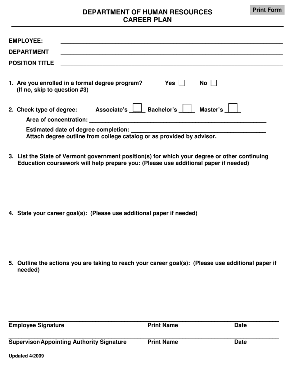 Career Plan - Vermont, Page 1