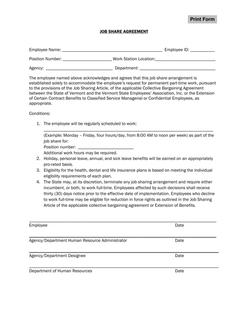 Job Share Agreement Form - Vermont Download Pdf