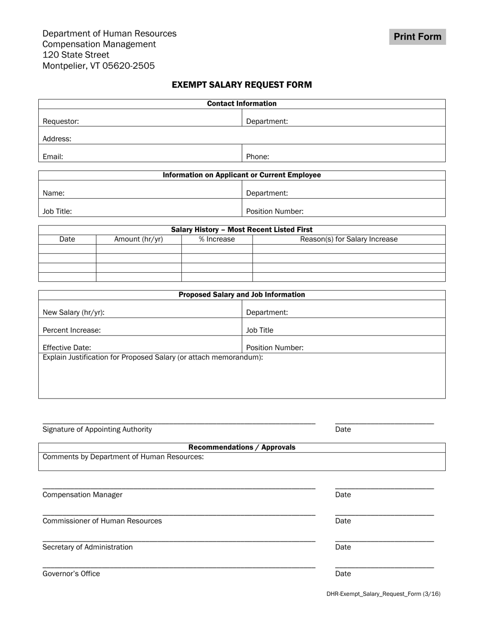 Exempt Salary Request Form - Vermont, Page 1