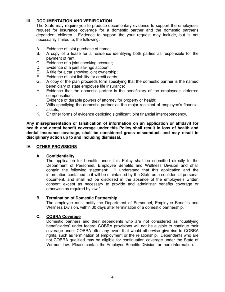 Application for Health and Dental Coverage for a Domestic Partner and the Dependent Children of a Domestic Partner - Vermont, Page 5