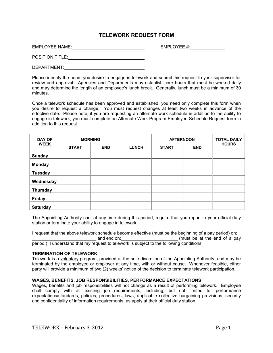 Telework Request Form - Vermont, Page 1