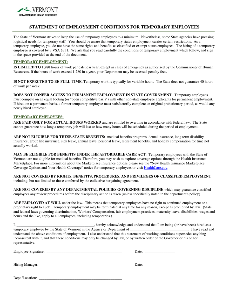 Statement of Employment Conditions for Temporary Employees - Vermont, Page 1