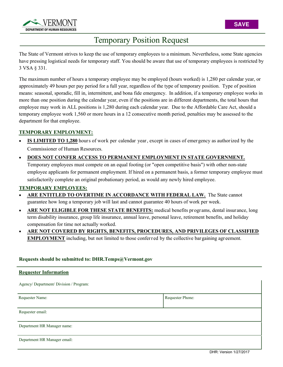Temporary Position Request Form - Vermont, Page 1