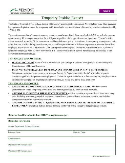 Temporary Position Request Form - Vermont Download Pdf
