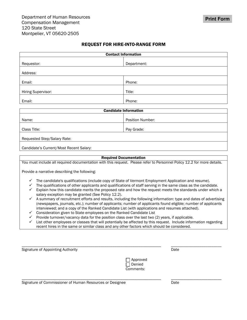 Request for Hire-Into-Range Form - Vermont, Page 1