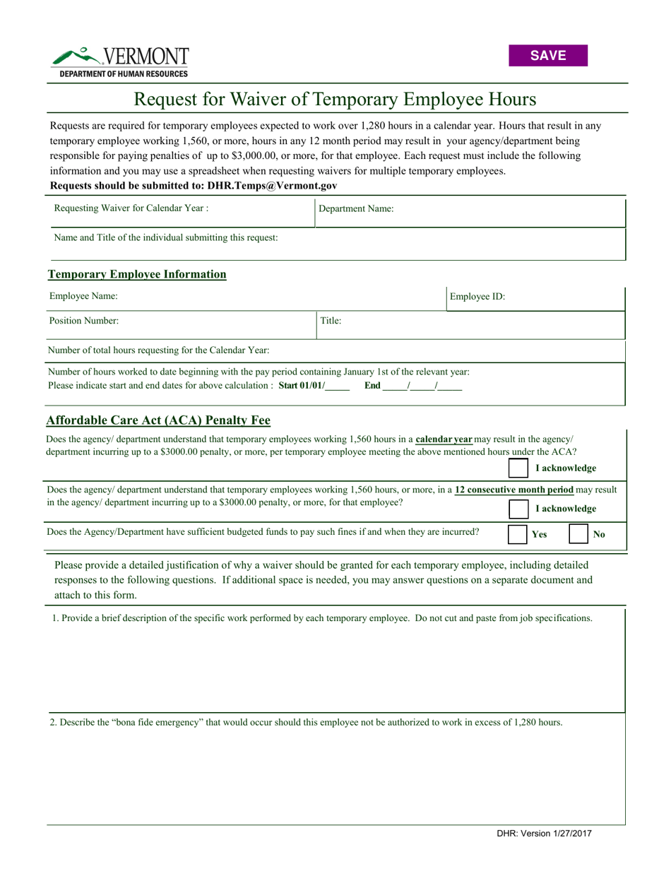 Request for Waiver of Temporary Employee Hours - Vermont, Page 1