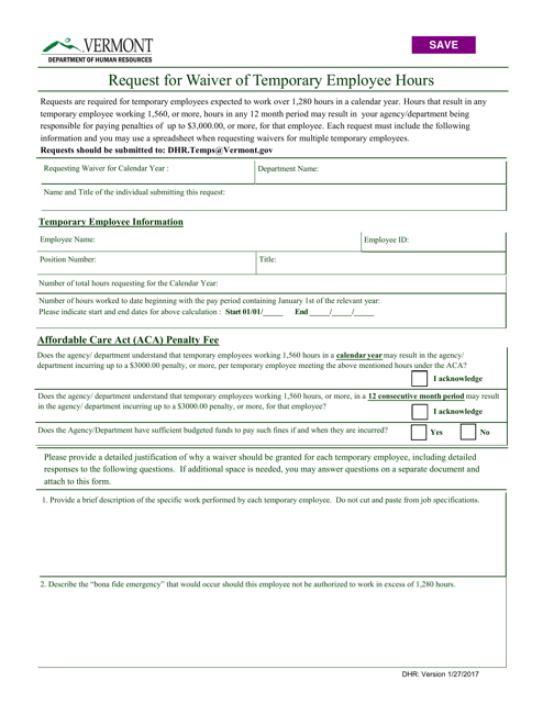 Request for Waiver of Temporary Employee Hours - Vermont Download Pdf