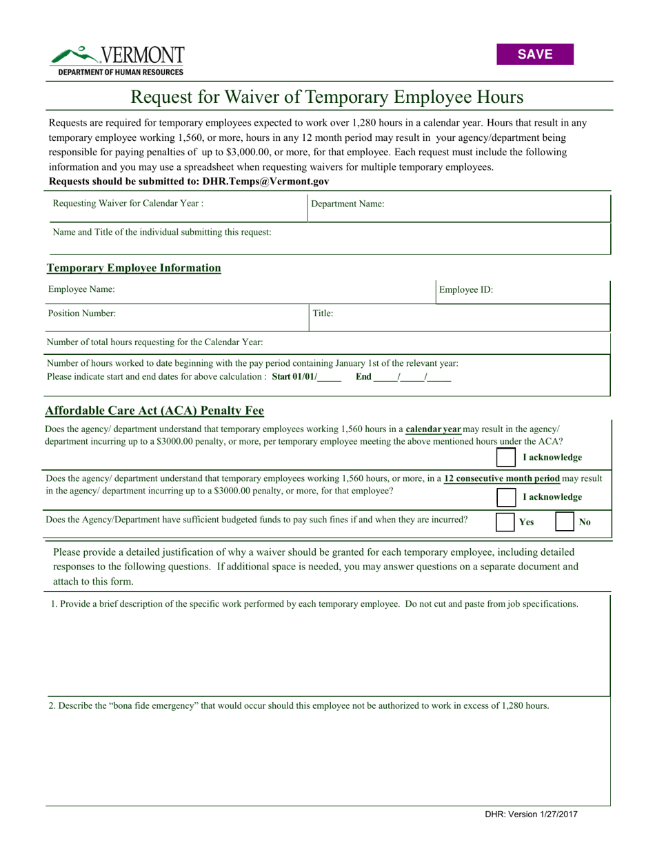 Vermont Request for Waiver of Temporary Employee Hours Fill Out, Sign