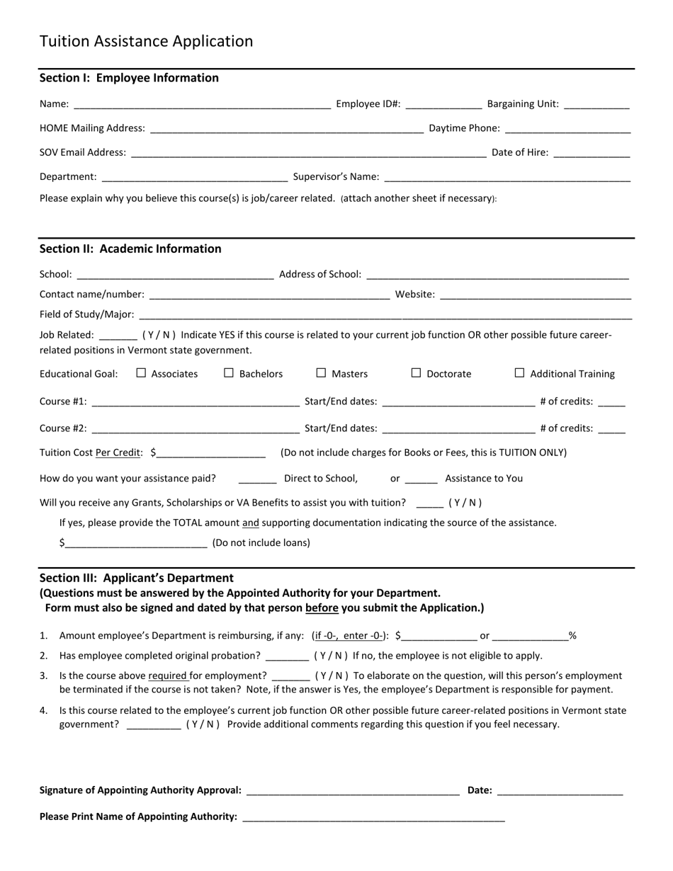 Tuition Assistance Application Form - Vermont, Page 1
