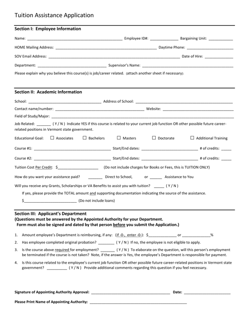 Tuition Assistance Application Form - Vermont Download Pdf