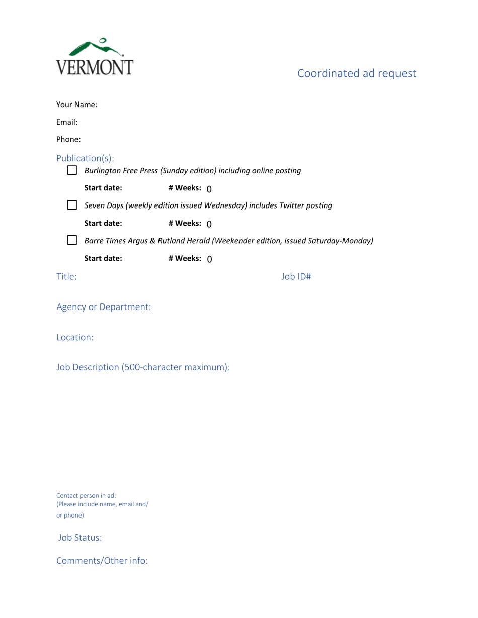 Coordinated Ad Request Form - Vermont, Page 1