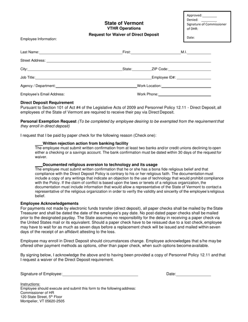 Request for Waiver of Direct Deposit - Vermont Download Pdf