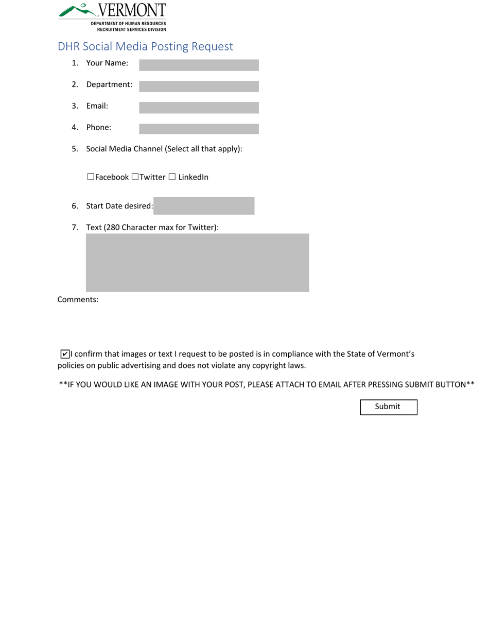 Dhr Social Media Posting Request Form - Vermont, Page 1