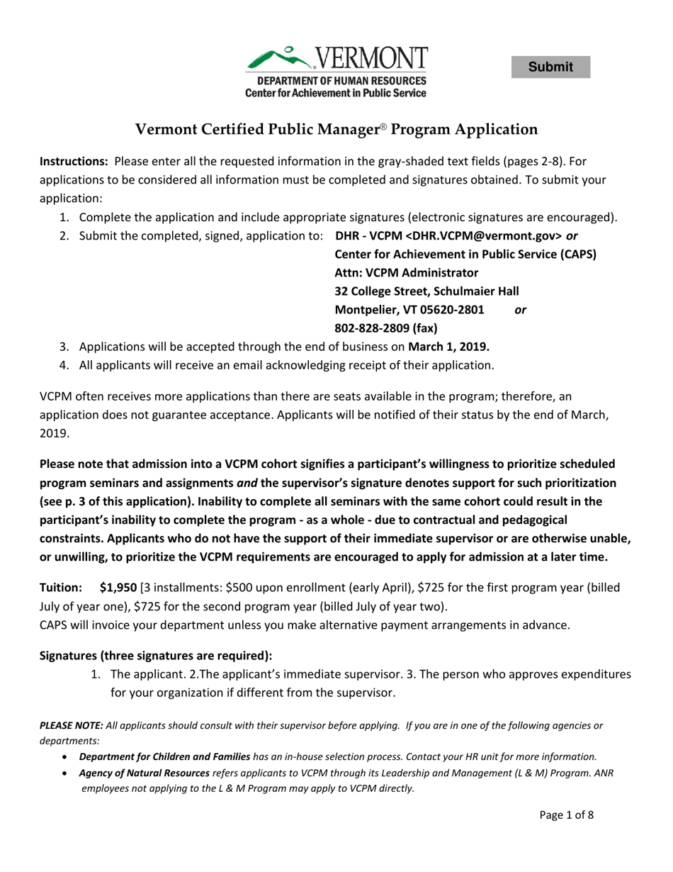 Vermont Certified Public Manager Program Application Form - Vermont, Page 1