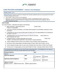 Document preview: Care Provider Agreement " Infants in the Workplace - Vermont