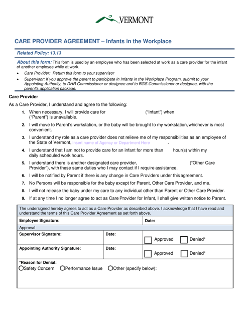 Care Provider Agreement " Infants in the Workplace - Vermont Download Pdf