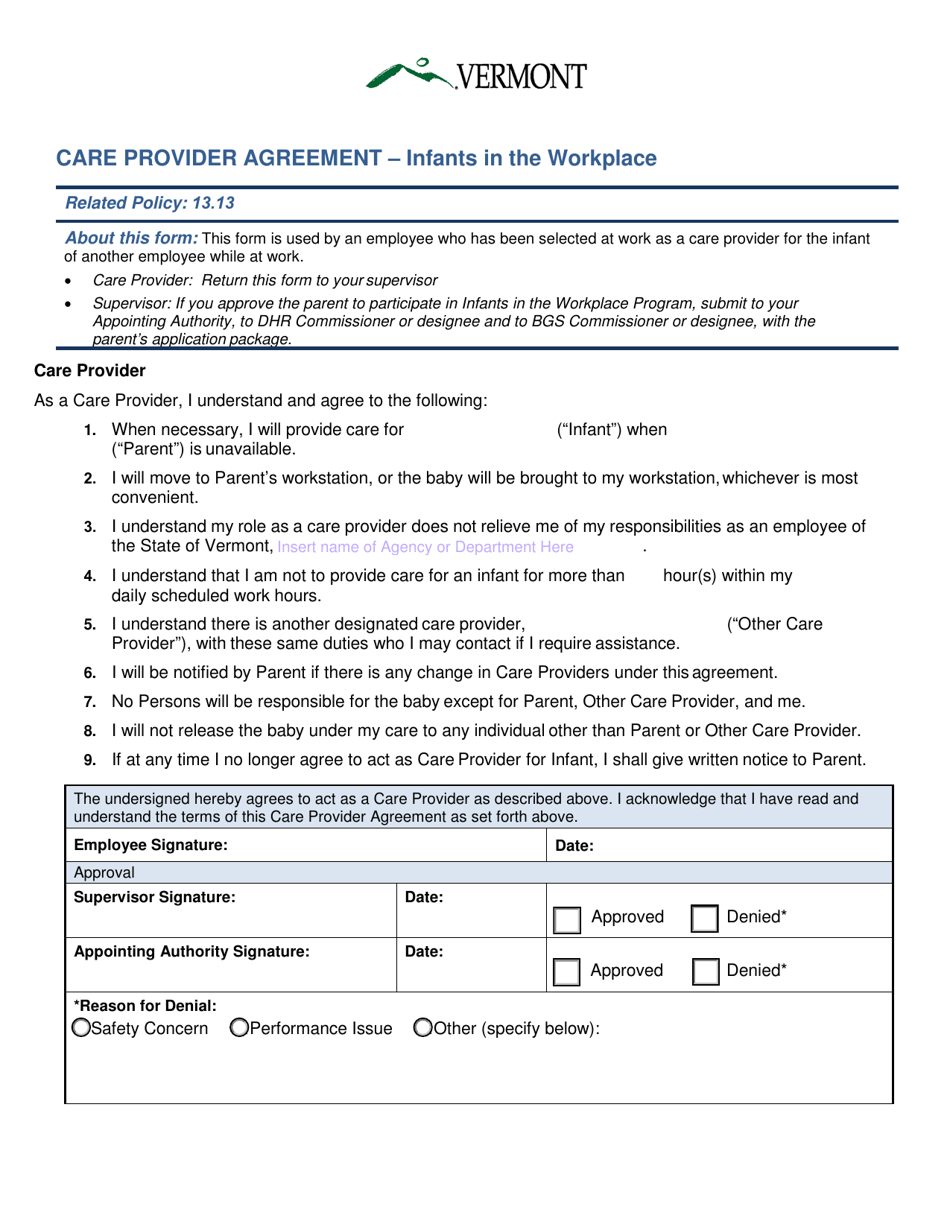 Care Provider Agreement  Infants in the Workplace - Vermont, Page 1