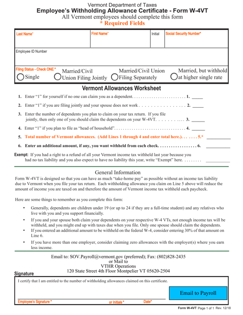 VT Form W-4VT Employee's Withholding Allowance Certificate - Vermont