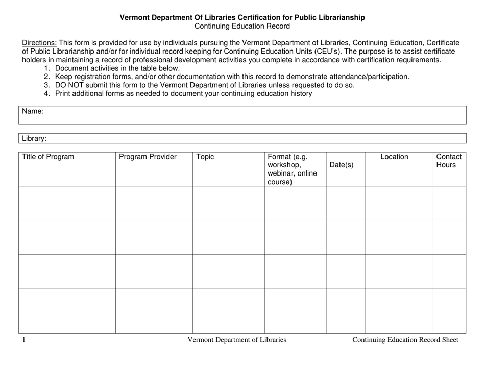 Vermont Continuing Education Record Sheet Certification for Public