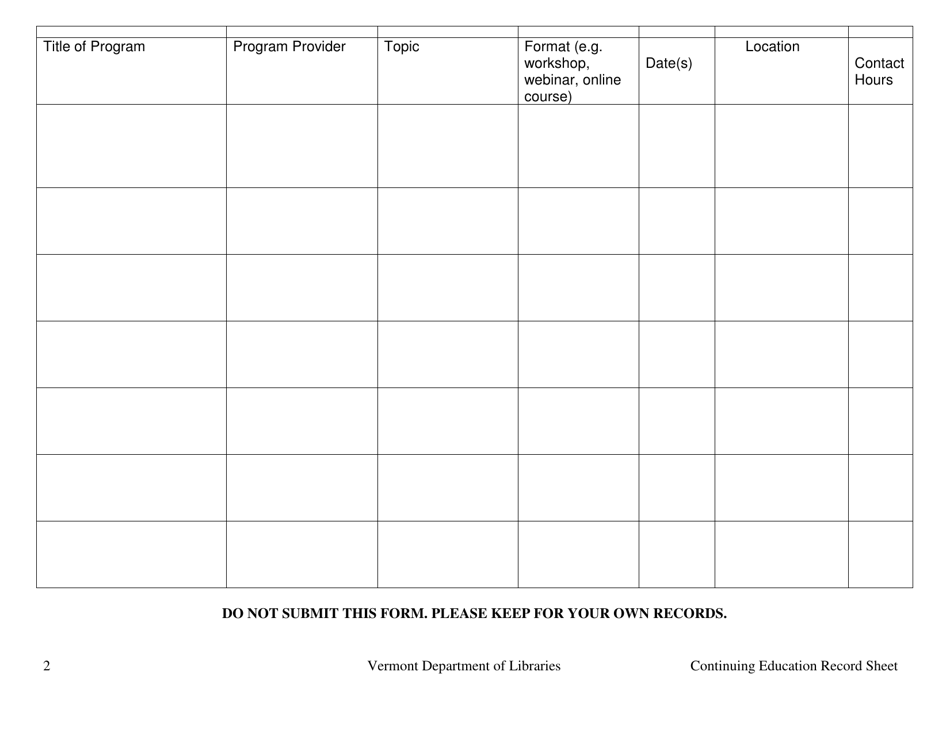 Vermont Continuing Education Record Sheet - Certification for Public ...