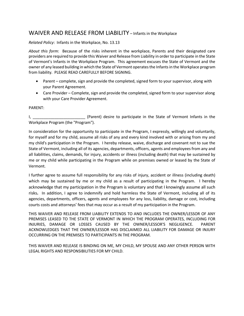 Waiver and Release From Liability - Infants in the Workplace - Vermont, Page 1